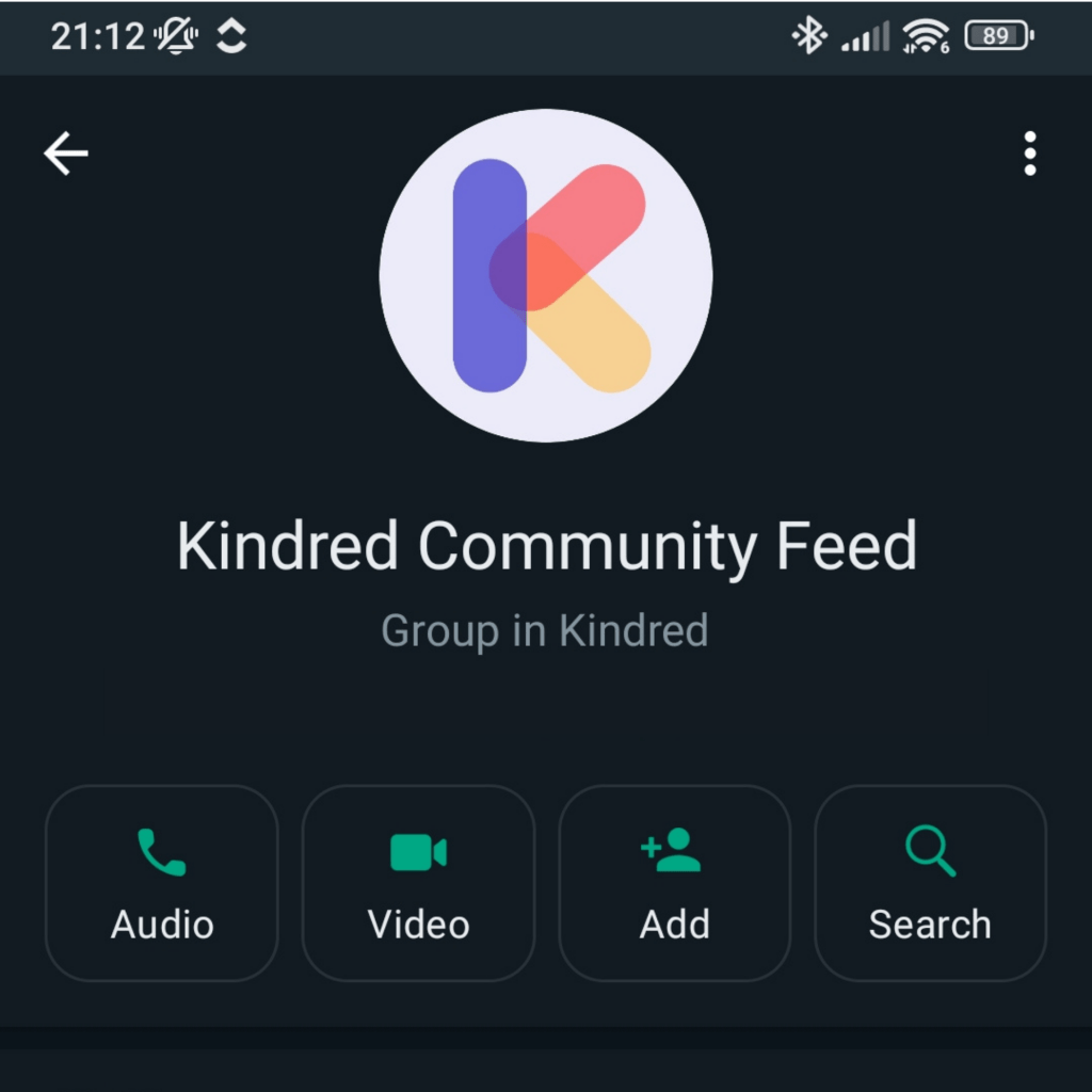 screenshot of the Kindred community digital whatsapp feed with group description