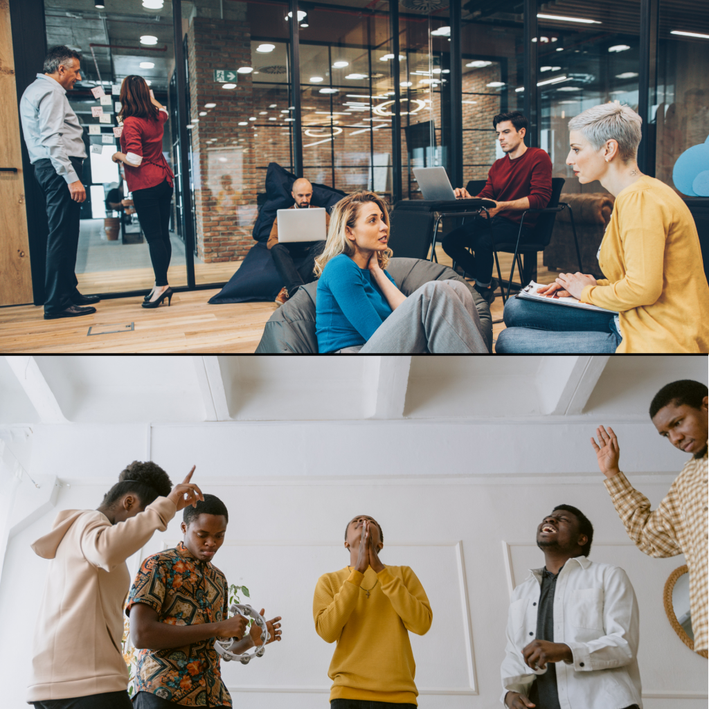 two images one in a coworking space with happy Christian entrepreneurs connecting and the other with a group of marketplace apostles worshipping God together as they experience the prophetic and are filled up and encouraged